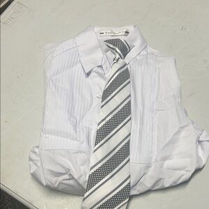 Boys' White Pleated Button-Down Dress Shirt with Gray Striped Tie